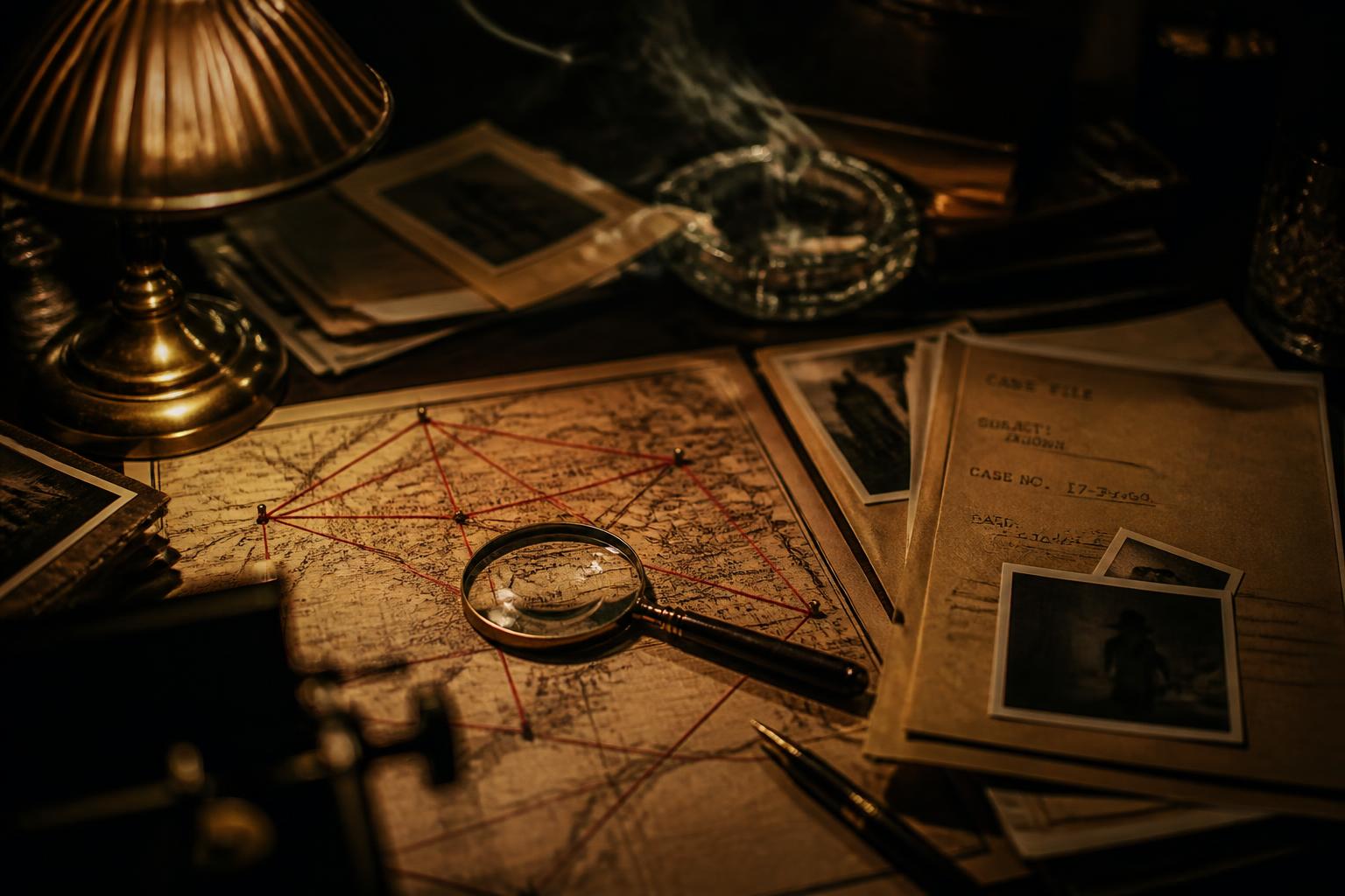 A detective's desk lit by a single brass lamp